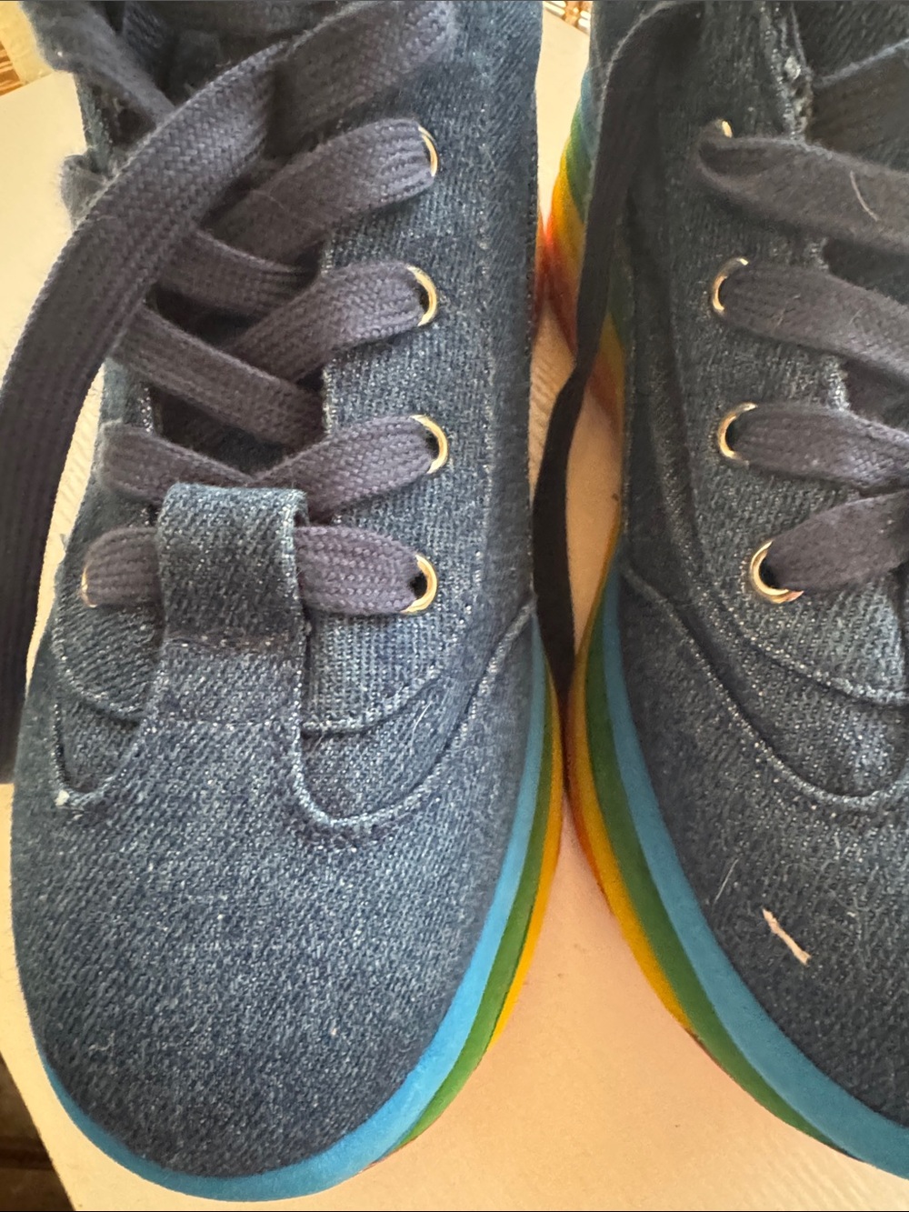Jeffrey Campbell Navy Denim Platform Sneakers with Rainbow Layered Sole - Picture 6 of 7